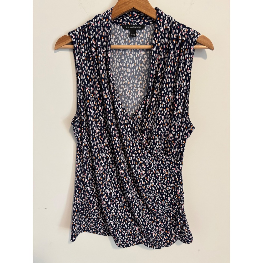 41 Hawthorn Navy Blue Abstract Print Surplice Sleeveless Blouse Large faux wrap